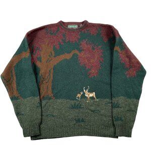 VTG Campus Sweater Mens XL Green Two Deer Buck Wool Streetwear Nature